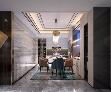 3D lüks ev dekorasyonu. Oturma odası.