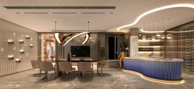 Modern restoran salonunun 3D görüntüsü