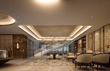 3D lüks otel giriş lobisi.