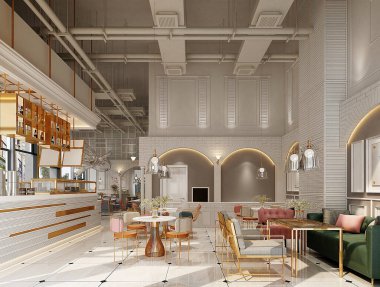 3D render kahveci restoran fırını iç mekan