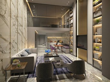 3D lüks ev dekorasyonu. Oturma odası.