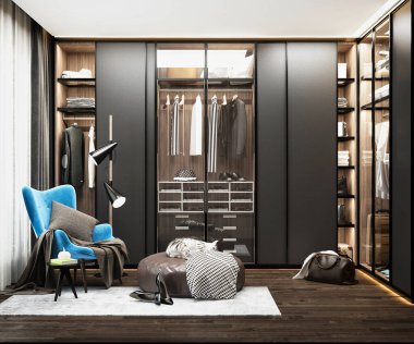 3D giysi, pelerin odası iç mimarisi.