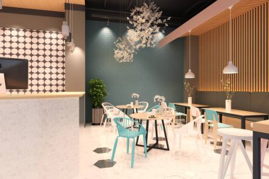 Kafe restoranının 3D görüntüsü.