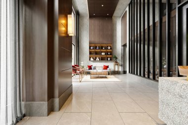 3D lüks otel girişi resepsiyon lobisi