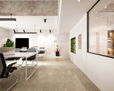 Modern çalışma alanının 3D görüntüsü, ofis içi