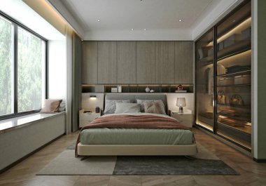 3D lüks otel odası yatak odası.