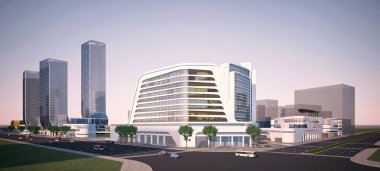 3D render binalar Gün batımında Slyscrapers görünümü