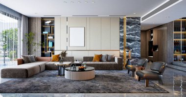 Modern oturma odasının 3D görüntüsü