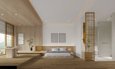 3D render modern otel odası yatak odası