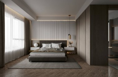 3D render modern otel odası yatak odası