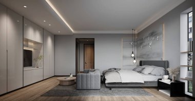 3D render modern otel odası yatak odası