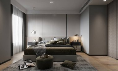 3D render modern otel odası yatak odası