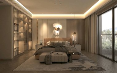 3D render modern otel odası yatak odası