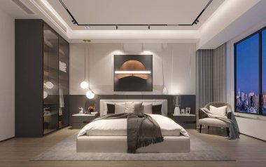 3D render modern otel odası yatak odası