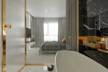 3 boyutlu modern yatak odası, otel odası