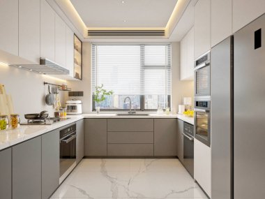 Modern mutfağın 3D görüntüsü 