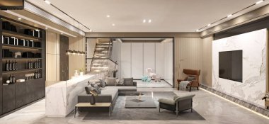 Modern oturma odasının 3D görüntüsü