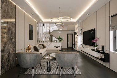 Modern oturma odasının 3D görüntüsü