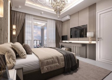 3D render otel odası, yatak odası