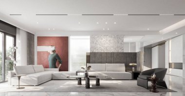 3D lüks ev yapımı oturma odası yemek odası.