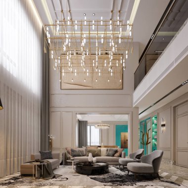 3D zarif ev entegre oturma ve yemek odası