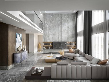 3D zarif ev entegre oturma ve yemek odası