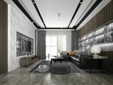 3D zarif ev entegre oturma ve yemek odası