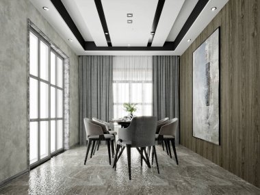 3D zarif ev entegre oturma ve yemek odası