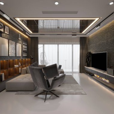 Modern oturma odası ve yemek odası, 3D görüntüleme