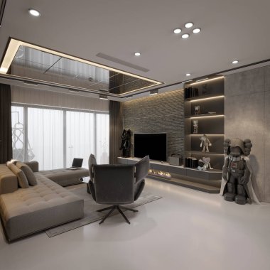 Modern oturma odası ve yemek odası, 3D görüntüleme