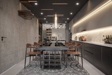 Modern oturma odası ve yemek odası, 3D görüntüleme