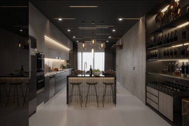 Modern oturma odası ve yemek odası, 3D görüntüleme