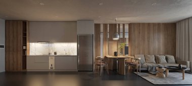 Modern oturma odası ve yemek odası, 3D görüntüleme
