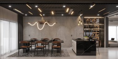 Modern oturma odası ve yemek odası, 3D görüntüleme