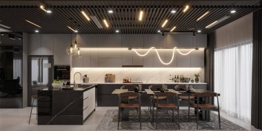 Modern oturma odası ve yemek odası, 3D görüntüleme