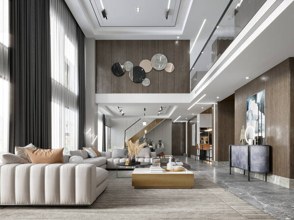 3d render elegant home inteior living and dining room