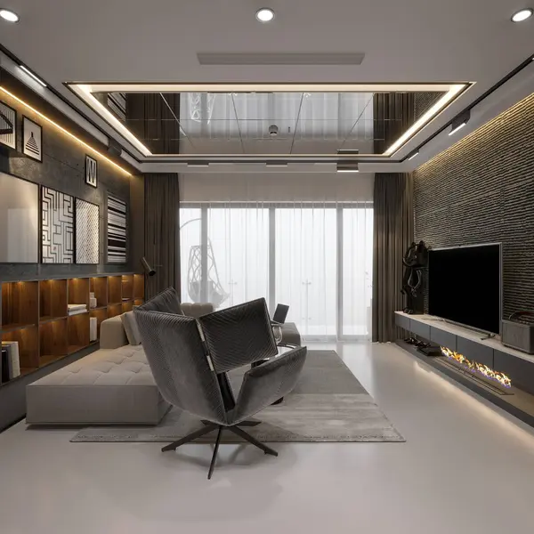 Modern oturma odası ve yemek odası, 3D görüntüleme