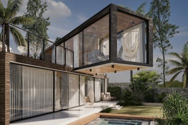 3D modern lüks villanın dış görünüşü.