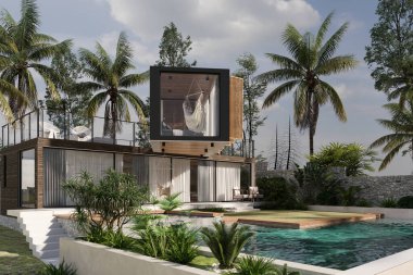 3D modern lüks villanın dış görünüşü.