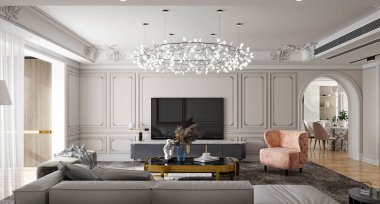 Lüks Yenileme, Zarif Oturma Odası 'nın 3 boyutlu gerçekçi fotoğrafı.