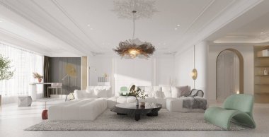 Lüks Yenileme, Zarif Oturma Odası 'nın 3 boyutlu gerçekçi fotoğrafı.