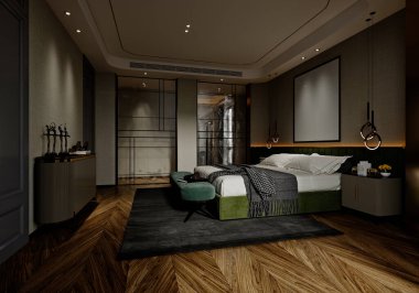 3D modern lüks otel odası, ev yatak odası