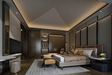 3D modern lüks otel odası, ev yatak odası