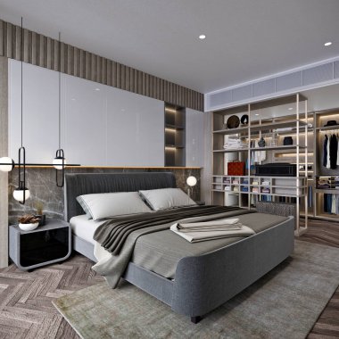 3D modern lüks otel odası, ev yatak odası