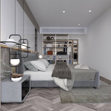 3D modern lüks otel odası, ev yatak odası