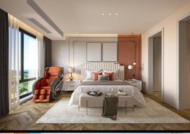 3D modern lüks otel odası, ev yatak odası