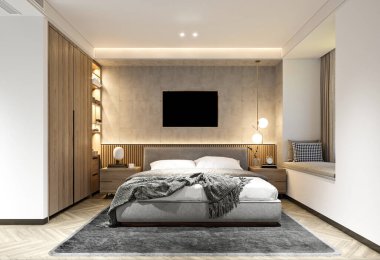 3D modern lüks otel odası, ev yatak odası