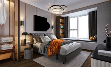 3D modern lüks otel odası, ev yatak odası