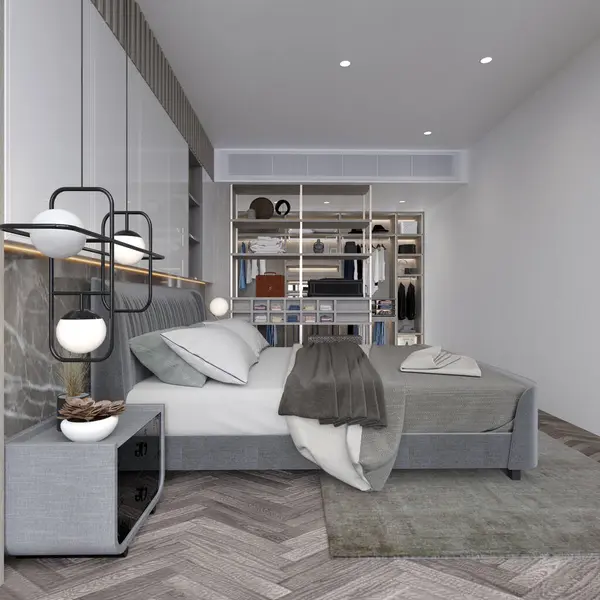 3D modern lüks otel odası, ev yatak odası