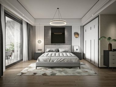 3D konforlu otel odası, yatak odası iç mekan.